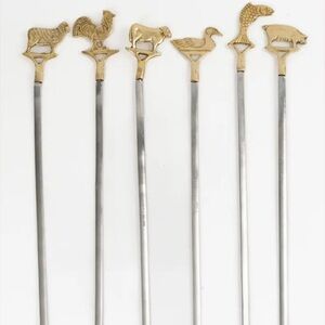 Vintage metal barbecue skewers made in Turkey mid-century brass stainless steel